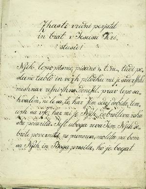 Magdalenino pismo (verjetno br. Tobiju Verniku) iz leta 1851